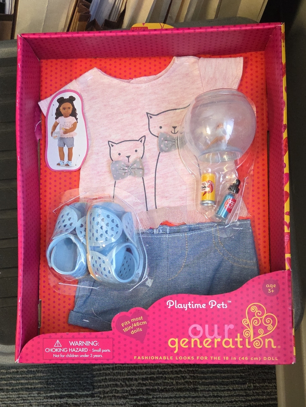 Our Generation Playtime Pets Kitten Outfit w/ Fish Accessories 18 inch doll NIB